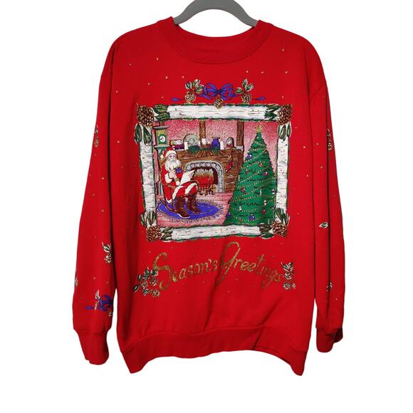 Vintage Holiday Time Sz M Red Christmas Ugly Tacky Sweatshirt Santa Scene - Picture 1 of 7
